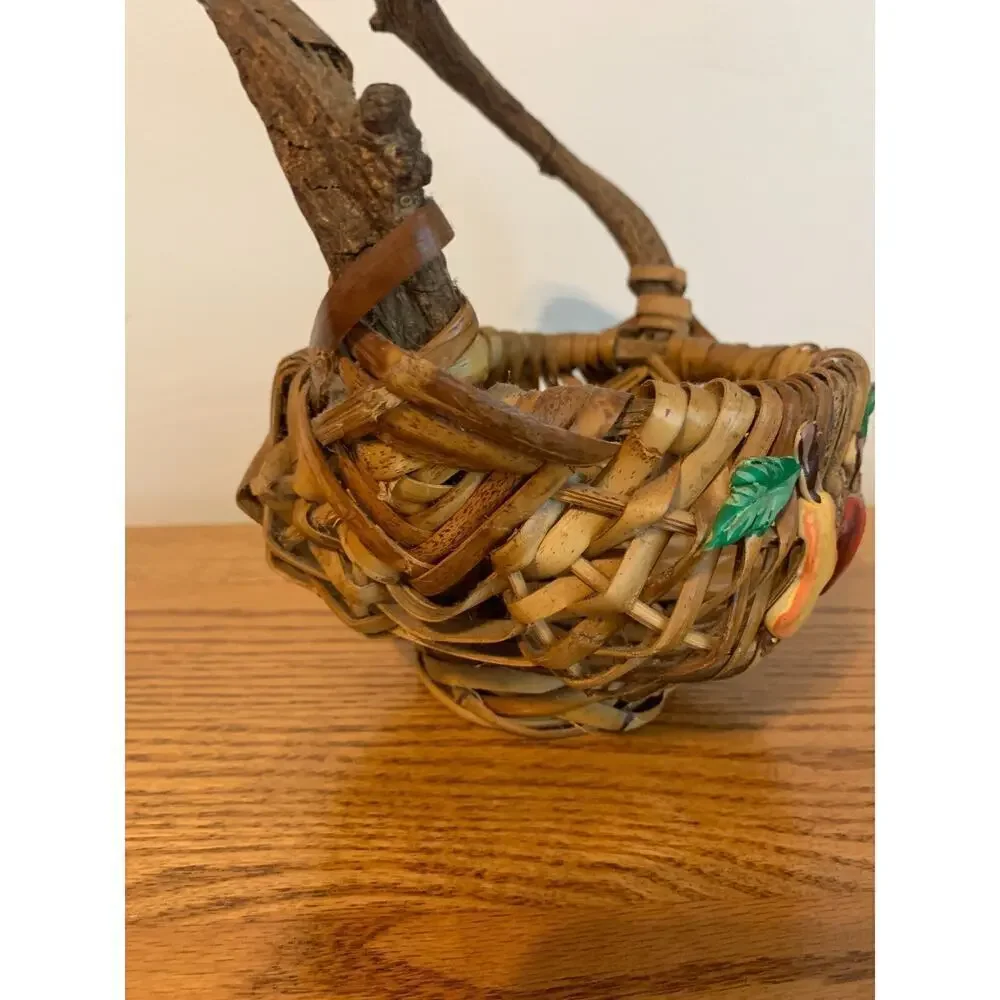 VTG Fruit Wicker Gathering Basket God's Eye Branch Handle Woven Hand Painted